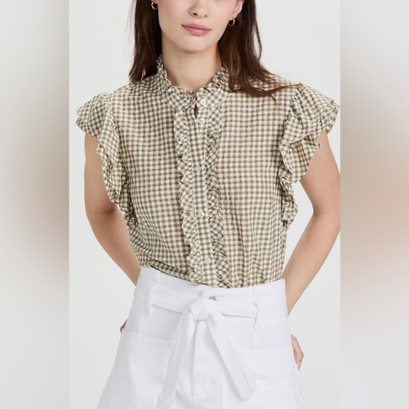 Veronica Beard Jeans Women’s Tenille Olive White Plaid Sleeveless Blouse Medium - Picture 2 of 15